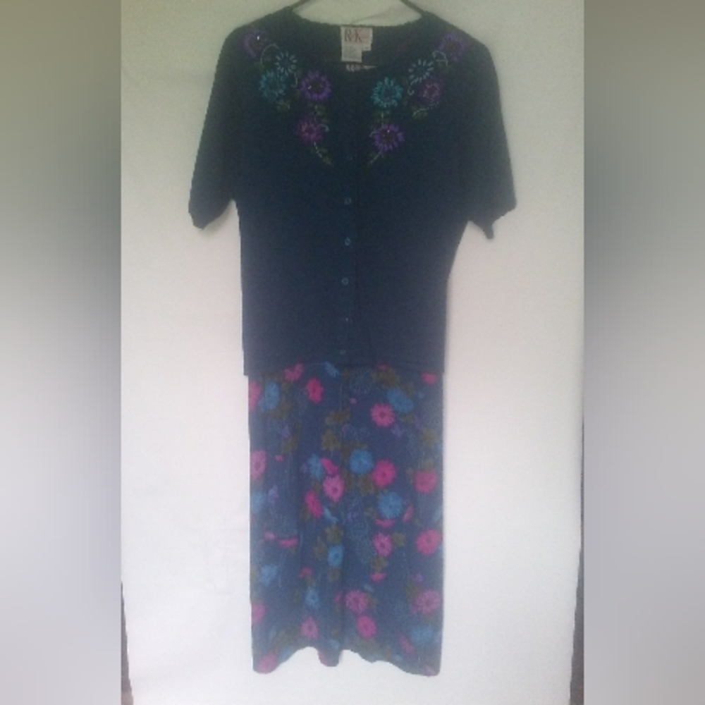 R&K Originals Vintage Women's 2 Piece Dress Set Size 14 Color Blue Purple Green